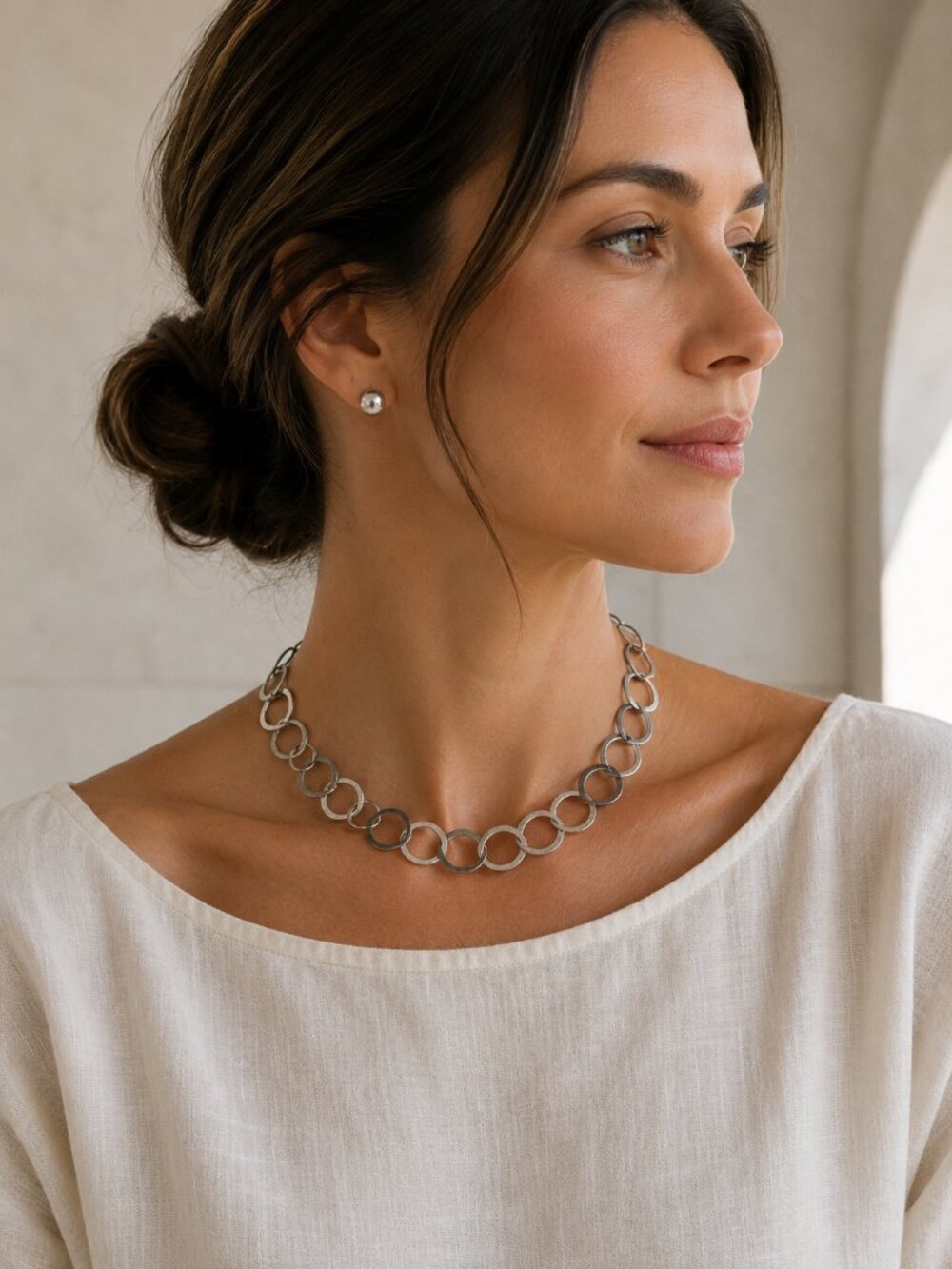 Amy Smania Sterling Silver Modernist Circle Link Collar Necklace 925